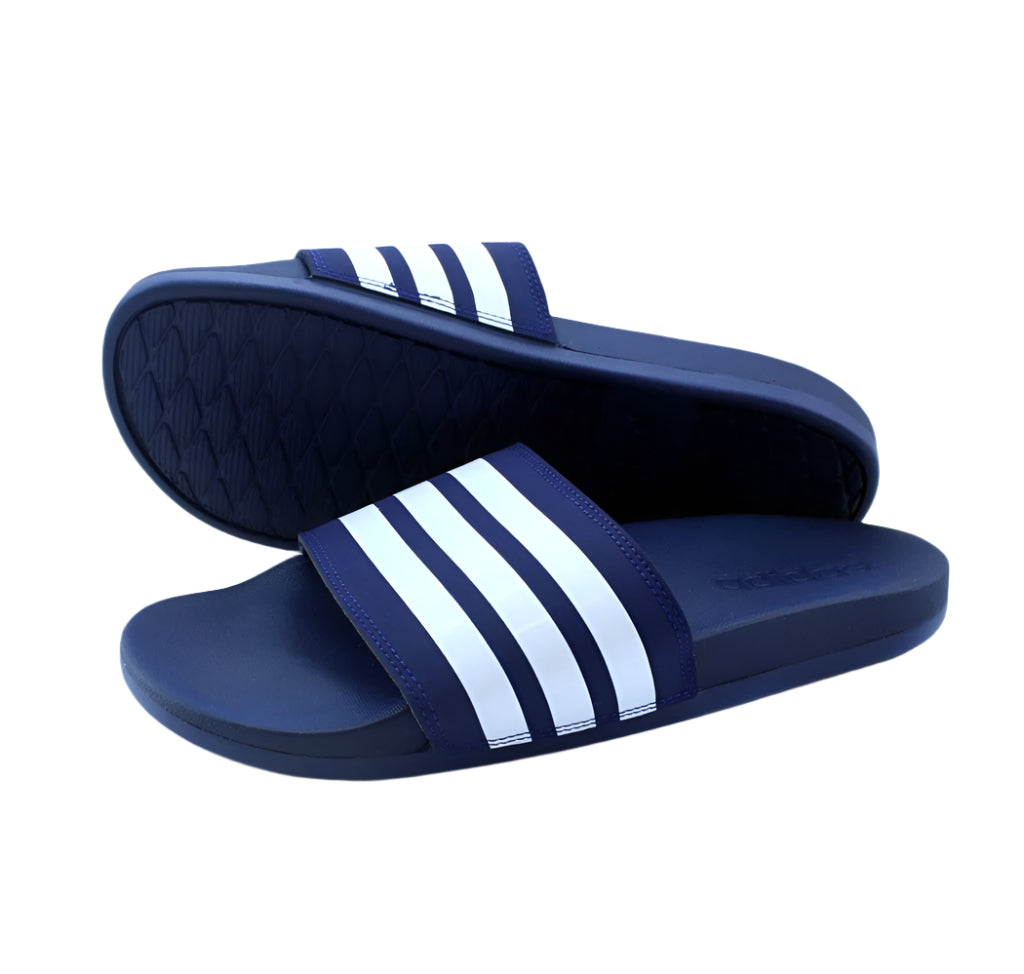 Adilette Comfort Slides - Navy Blue with White 3-Stripes