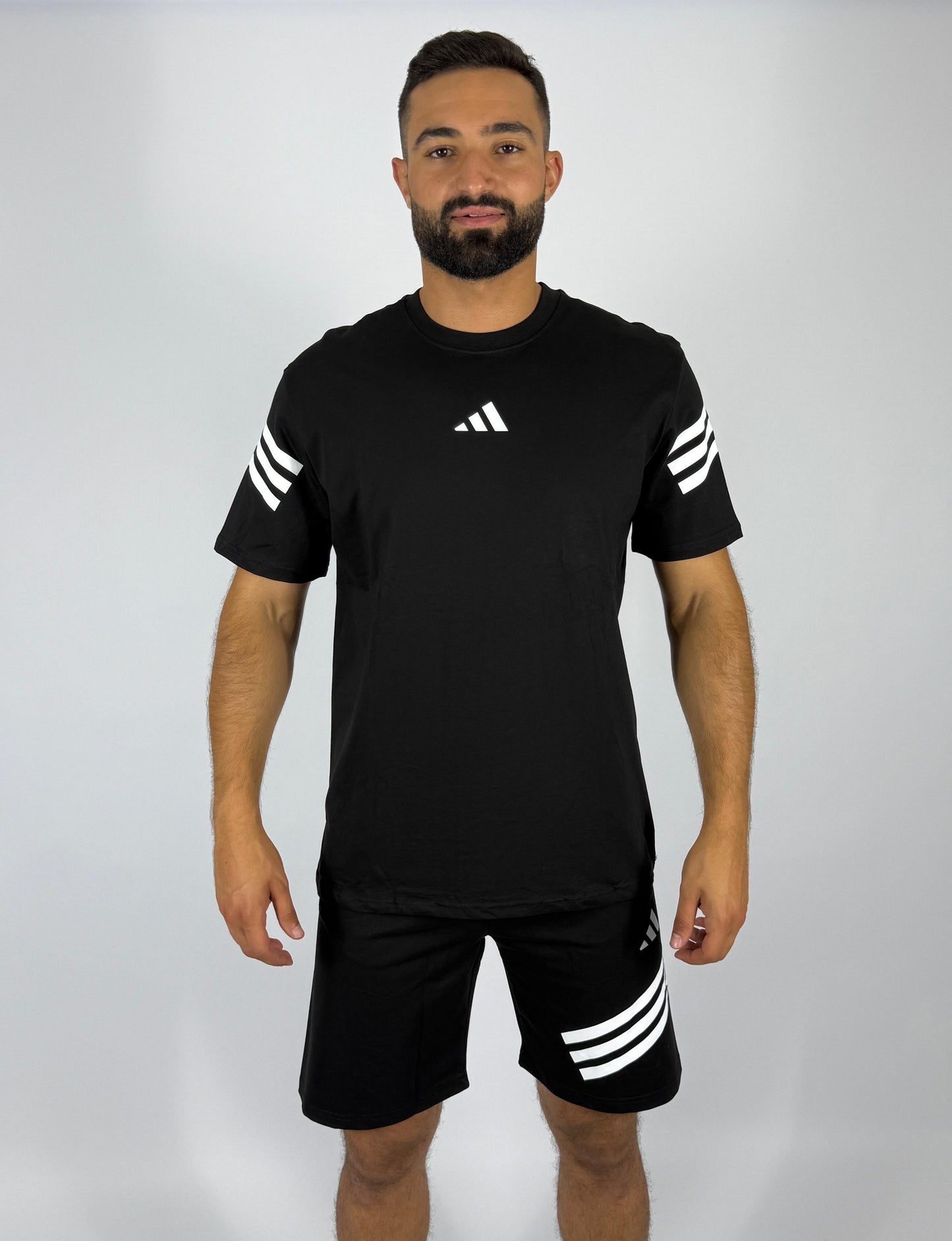 Men's Adidas 3-Stripe Sleeve T-Shirt & Shorts Matching Set - Black with White Accents