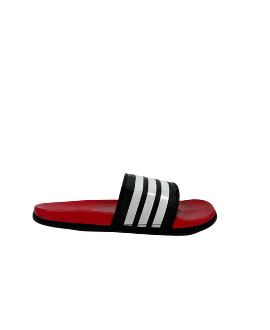 Adidas Adilette Comfort Slides - Black Strap with White 3-Stripes & Red Footbed