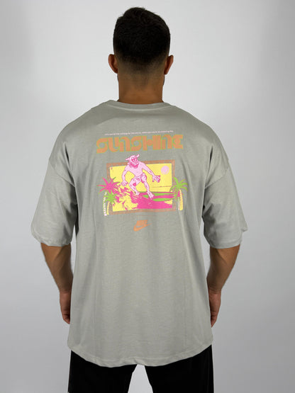 Men's Oversized "Sunshine" Surfer Graphic T-Shirt - Light Grey Retro Summer Tee