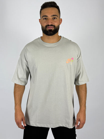 Men's Oversized "Sunshine" Surfer Graphic T-Shirt - Light Grey Retro Summer Tee