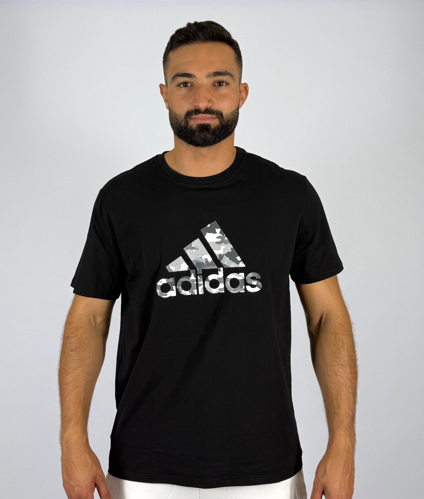 Men's Adidas Camouflage Badge of Sport Logo T-Shirt - Black with Grey Camo Print