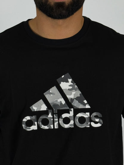 Men's Adidas Camouflage Badge of Sport Logo T-Shirt - Black with Grey Camo Print