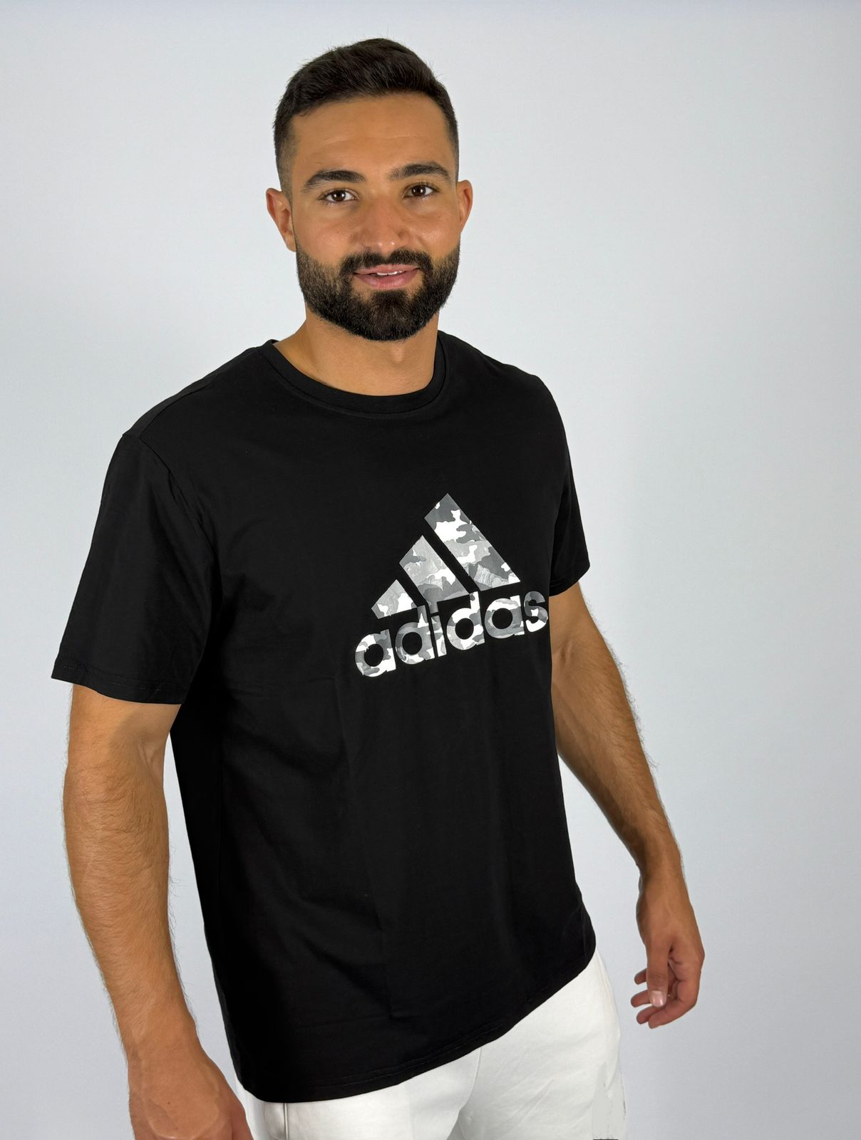 Men's Adidas Camouflage Badge of Sport Logo T-Shirt - Black with Grey Camo Print