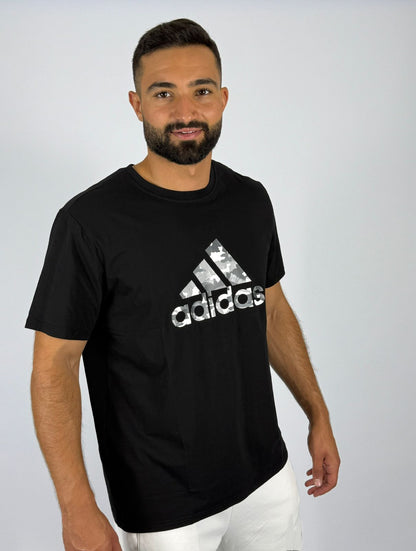 Men's Adidas Camouflage Badge of Sport Logo T-Shirt - Black with Grey Camo Print