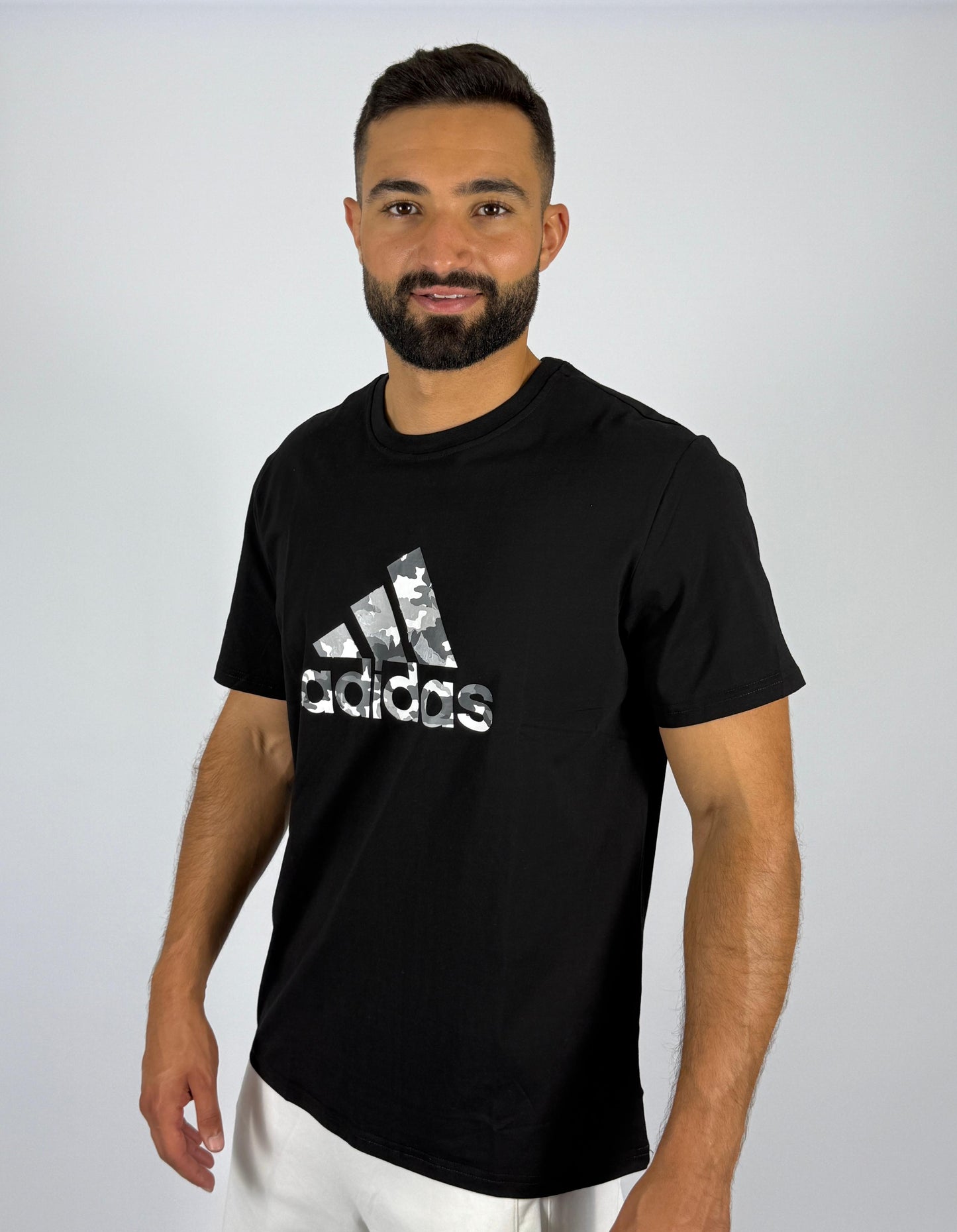 Men's Adidas Camouflage Badge of Sport Logo T-Shirt - Black with Grey Camo Print