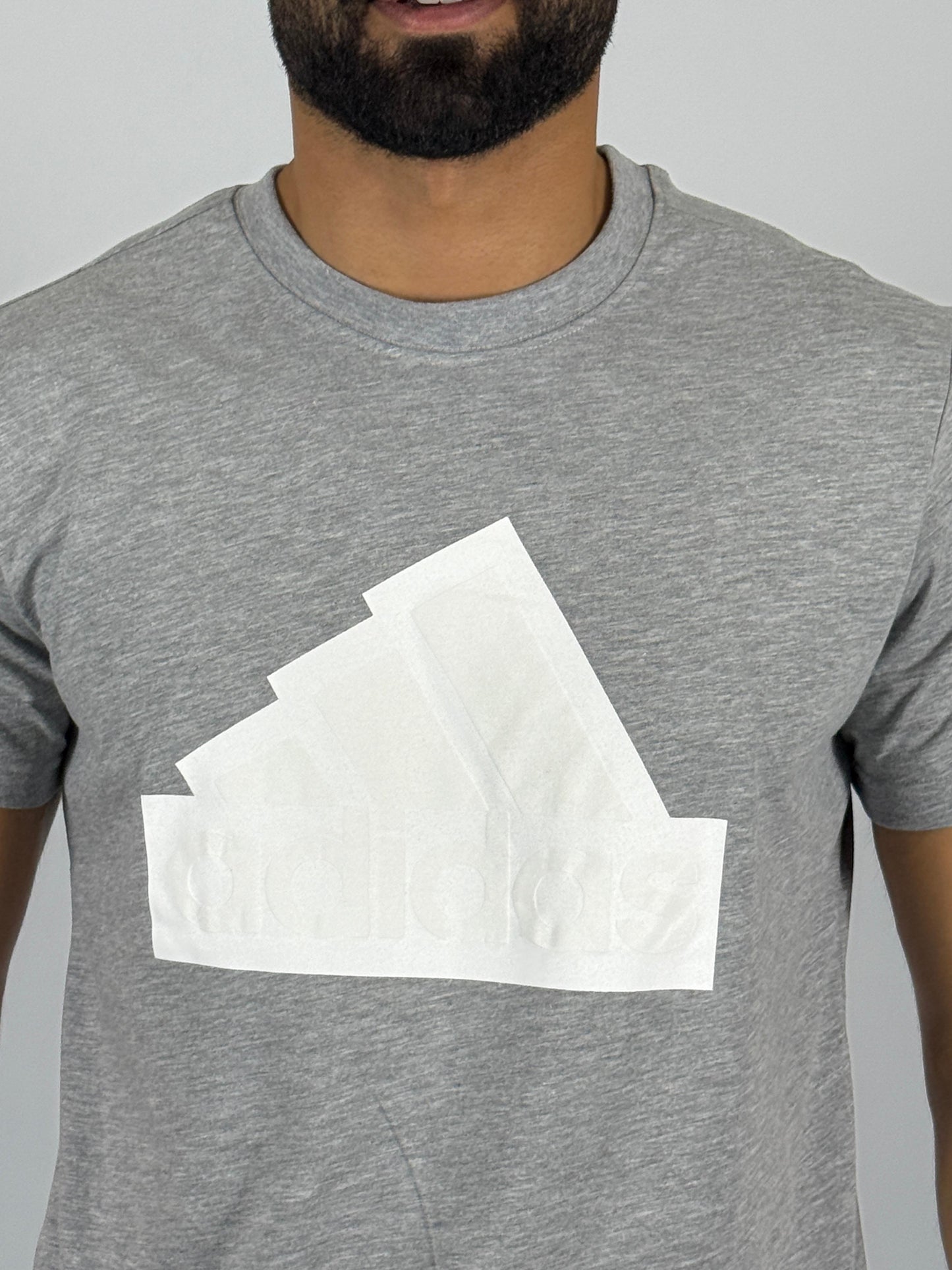 Men's Adidas Textured Badge of Sport Logo T-Shirt - Light Grey with White Graphic