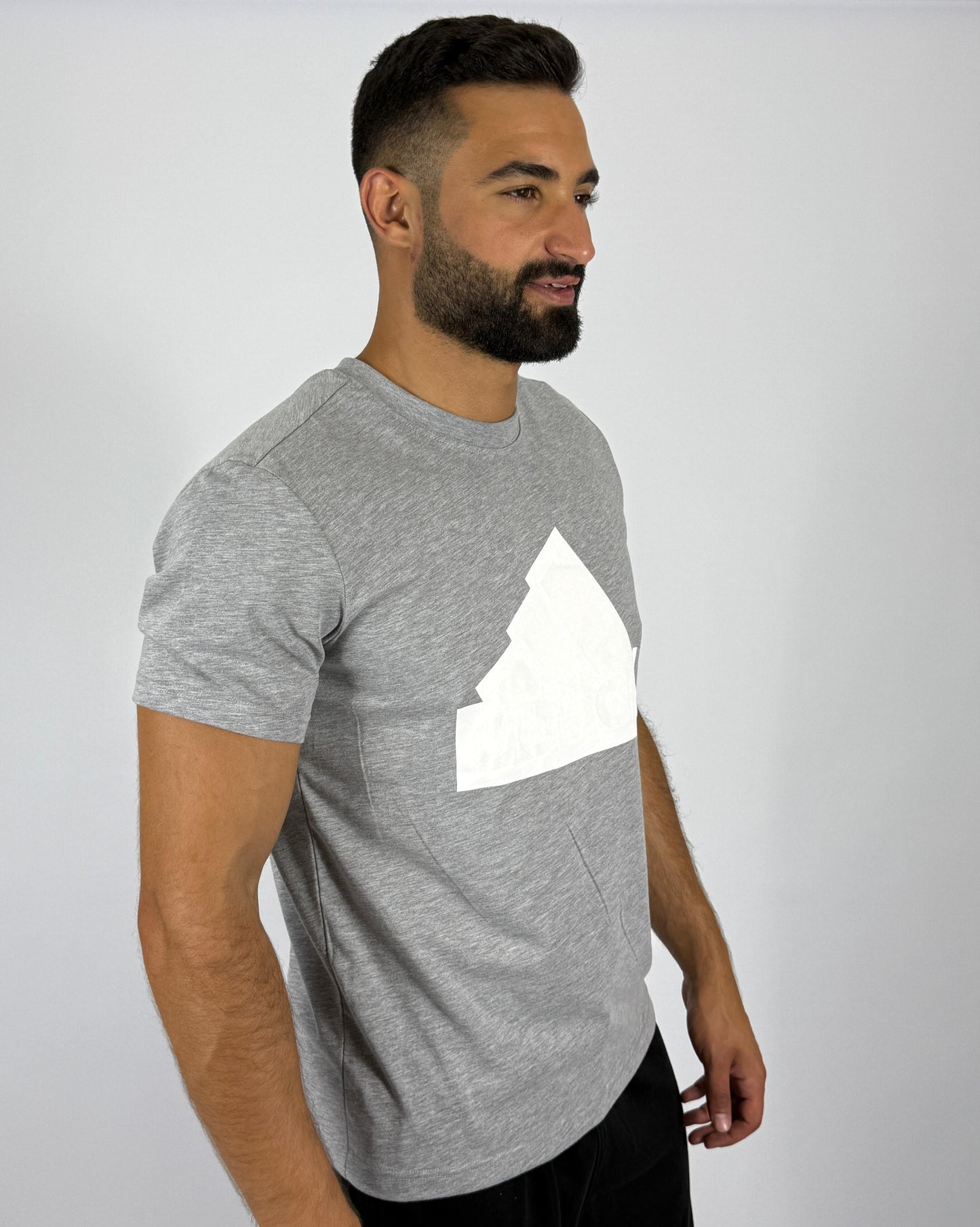 Men's Adidas Textured Badge of Sport Logo T-Shirt - Light Grey with White Graphic
