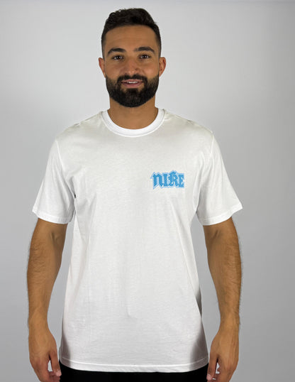 Men's Nike "Swoosh N" Back Graphic T-Shirt - White with Blue Stylized Logo