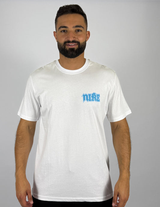 Men's Nike "Swoosh N" Back Graphic T-Shirt - White with Blue Stylized Logo