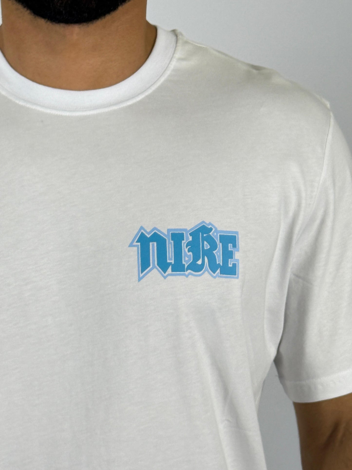 Men's Nike "Swoosh N" Back Graphic T-Shirt - White with Blue Stylized Logo