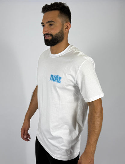 Men's Nike "Swoosh N" Back Graphic T-Shirt - White with Blue Stylized Logo