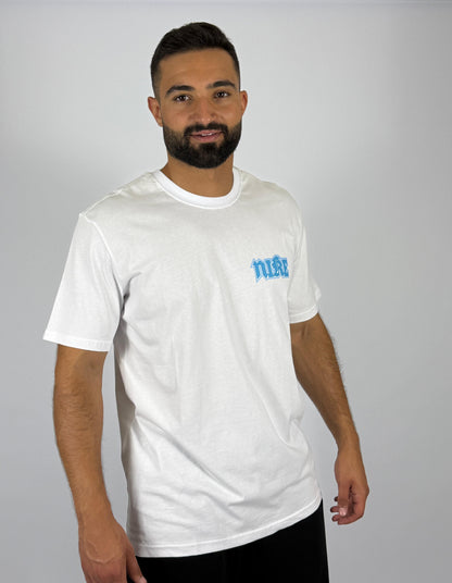 Men's Nike "Swoosh N" Back Graphic T-Shirt - White with Blue Stylized Logo