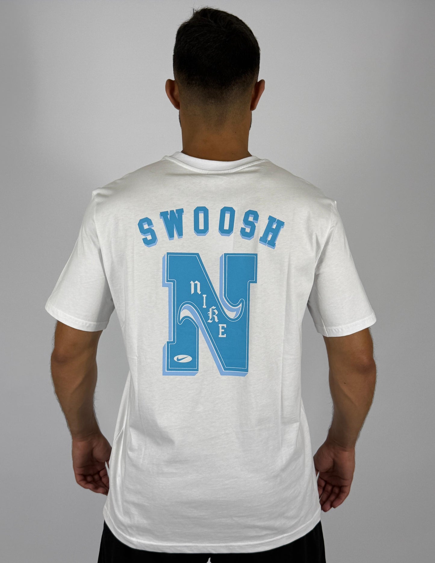Men's Nike "Swoosh N" Back Graphic T-Shirt - White with Blue Stylized Logo