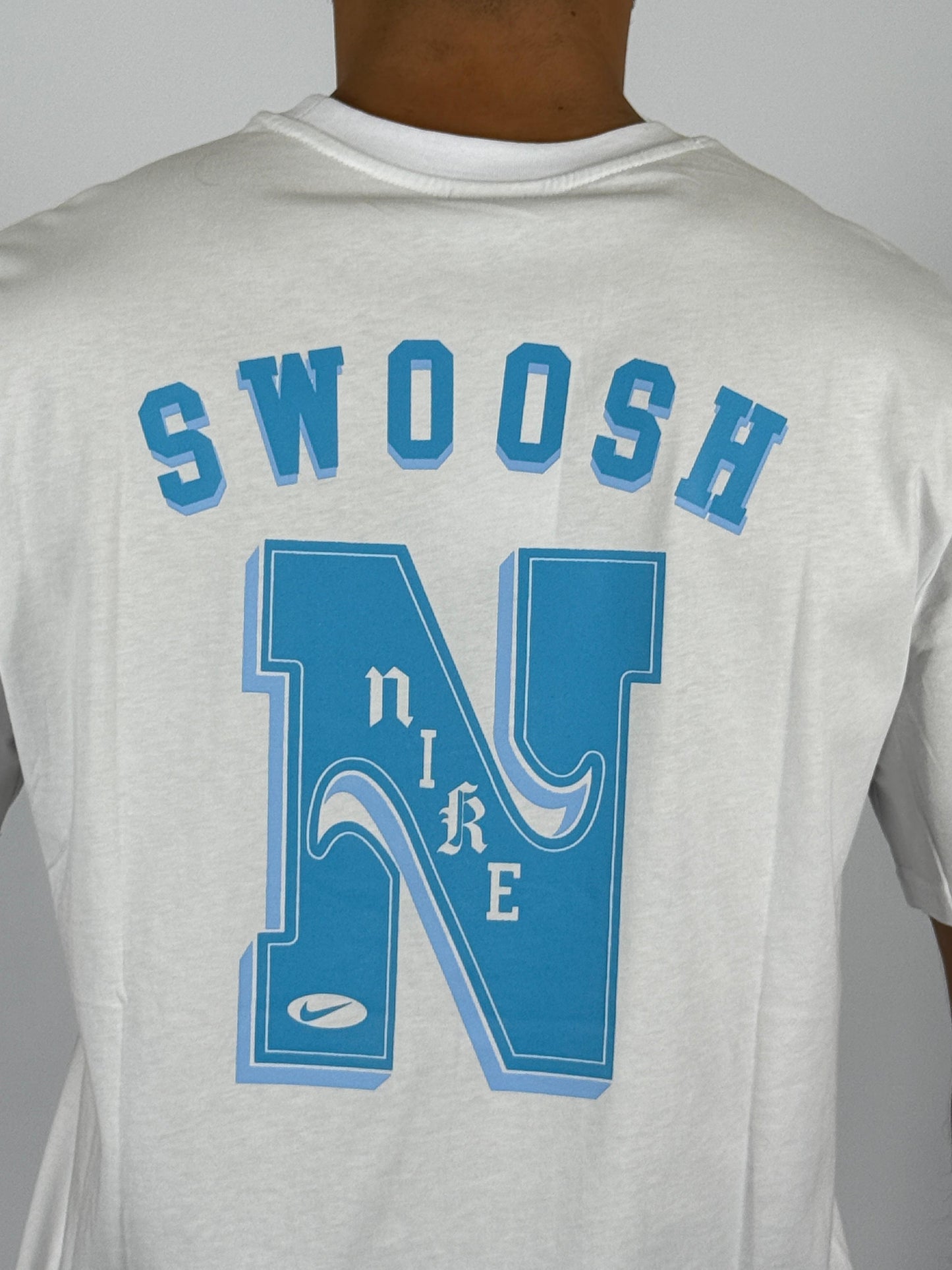 Men's Nike "Swoosh N" Back Graphic T-Shirt - White with Blue Stylized Logo