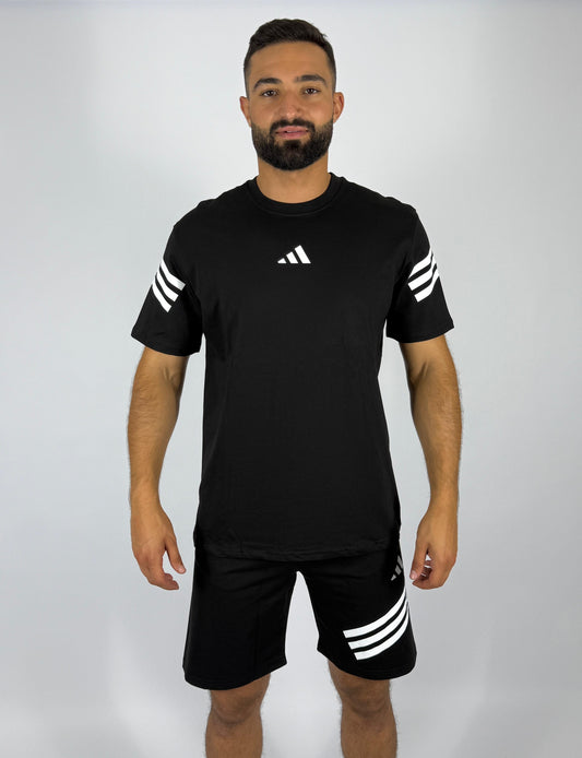Men's Adidas 3-Stripe Sleeve T-Shirt & Shorts Matching Set - Black with White Accents