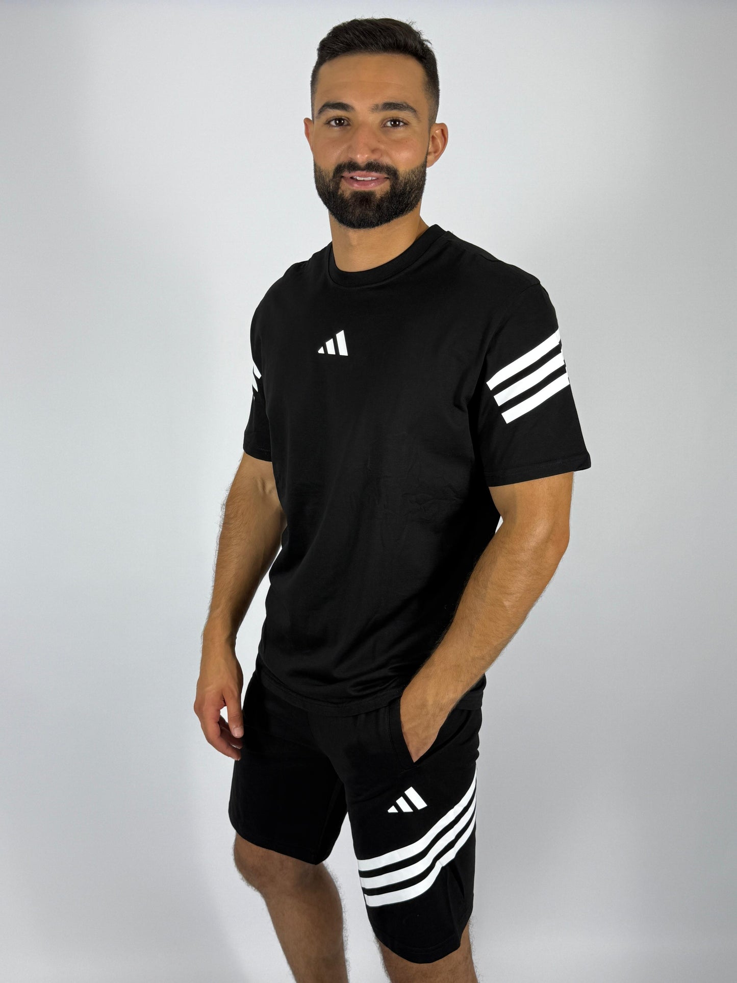 Men's Adidas 3-Stripe Sleeve T-Shirt & Shorts Matching Set - Black with White Accents