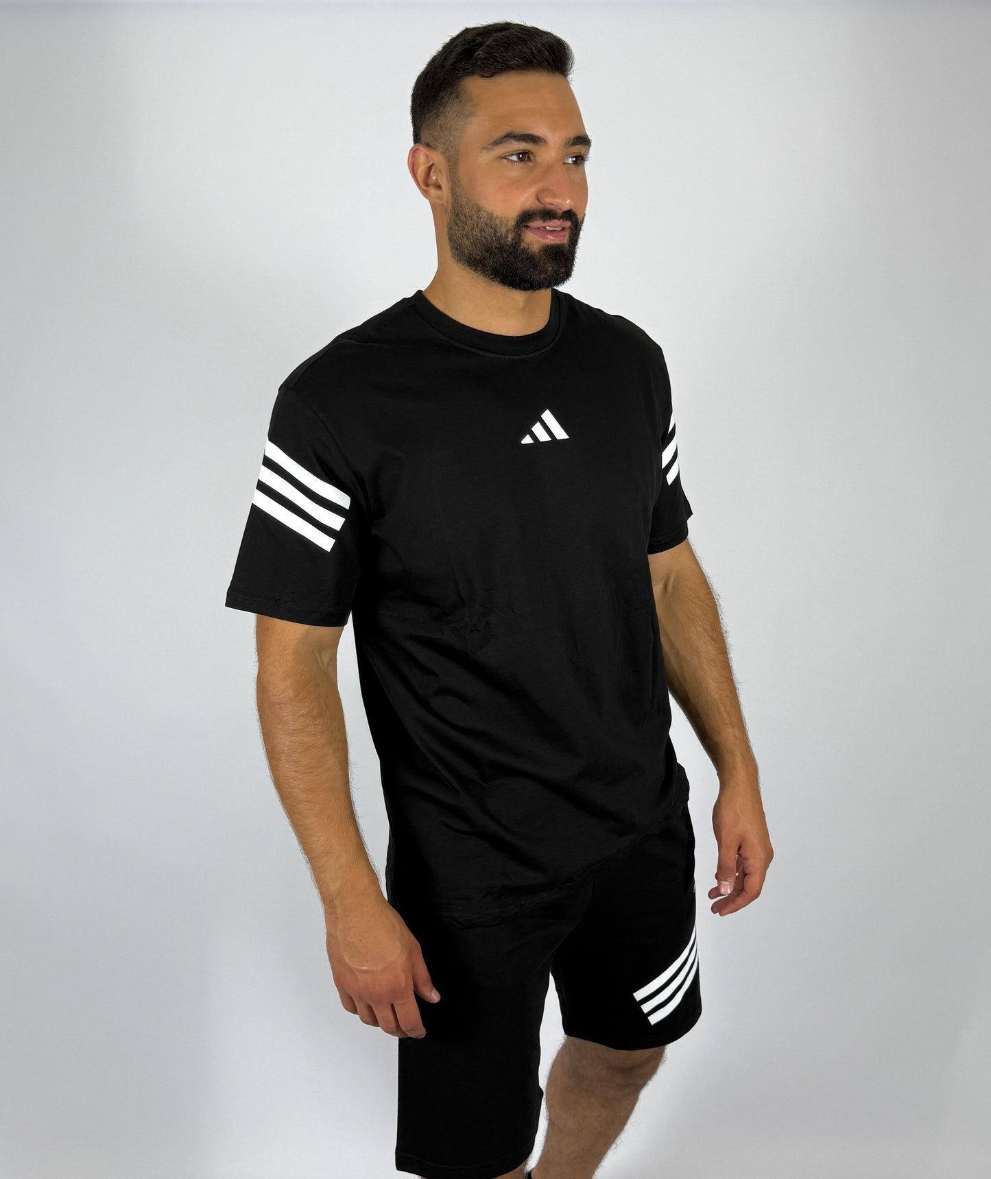Men's Adidas 3-Stripe Sleeve T-Shirt & Shorts Matching Set - Black with White Accents
