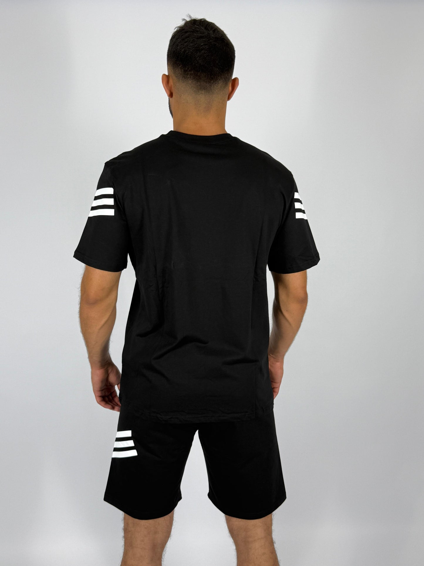 Men's Adidas 3-Stripe Sleeve T-Shirt & Shorts Matching Set - Black with White Accents