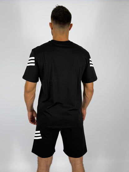 Men's Adidas 3-Stripe Sleeve T-Shirt & Shorts Matching Set - Black with White Accents