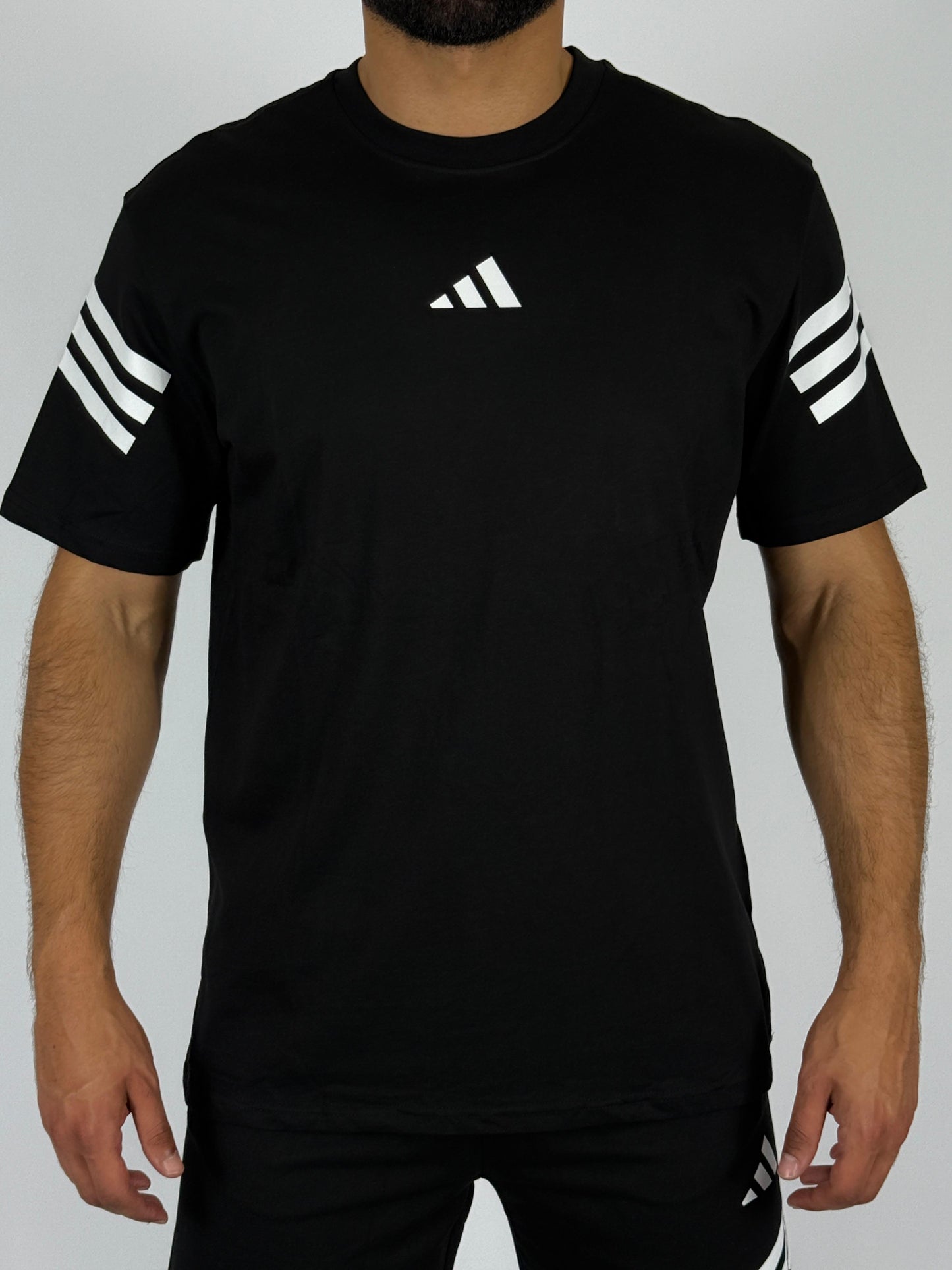 Men's Adidas 3-Stripe Sleeve T-Shirt & Shorts Matching Set - Black with White Accents