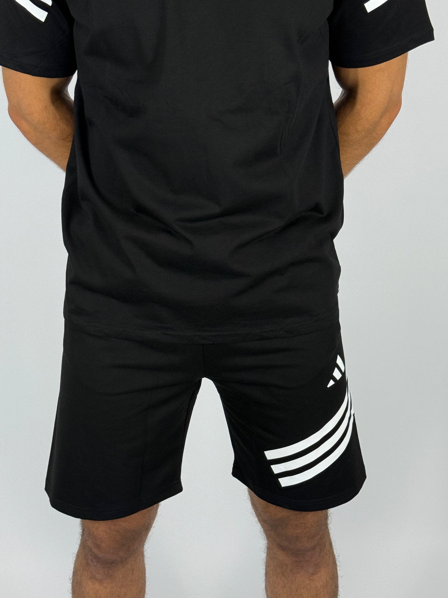 Men's Adidas 3-Stripe Sleeve T-Shirt & Shorts Matching Set - Black with White Accents