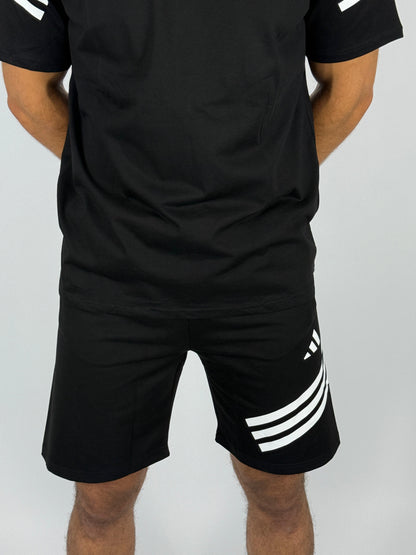 Men's Adidas 3-Stripe Sleeve T-Shirt & Shorts Matching Set - Black with White Accents