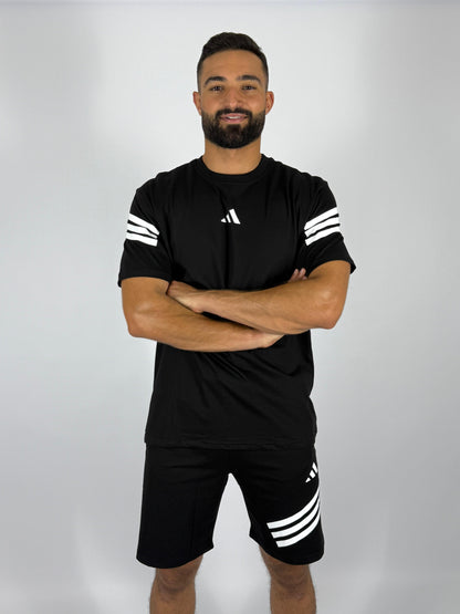 Men's Adidas 3-Stripe Sleeve T-Shirt & Shorts Matching Set - Black with White Accents